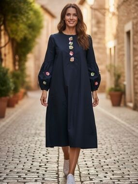 Vilagallo‎ Navy Floral Appliqué Midi Shift Dress Size 38 Bell Sleeve Cotton